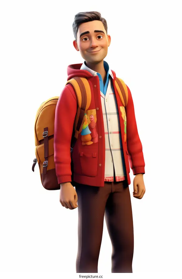 A young man with a backpack is standing and smiling