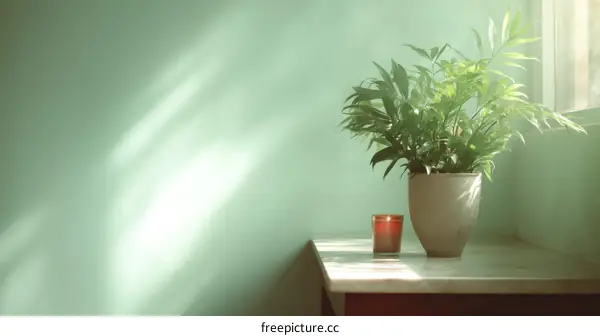 Sunlight on a Plant and Candle on a Countertop