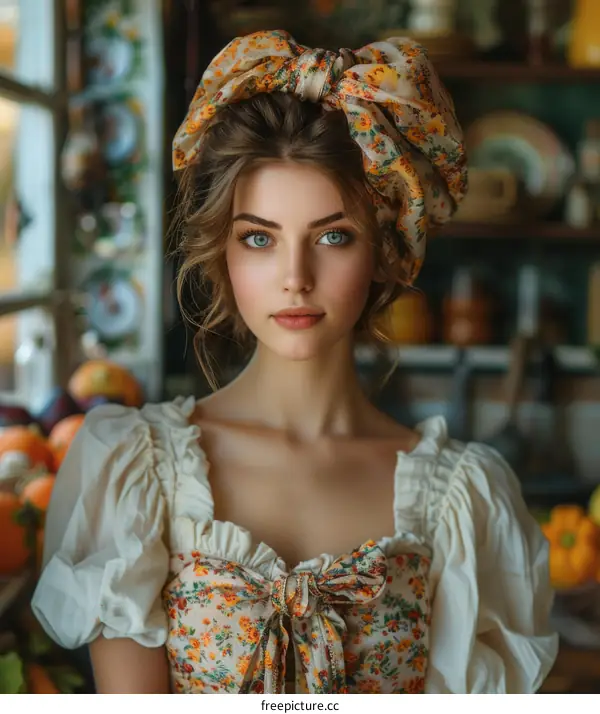 A Headshot of a Young Woman Wearing a Floral Headscarf