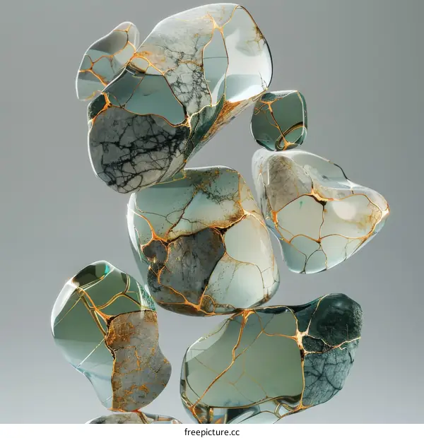 Abstract 3D Render of Floating Marbled and Gold Textured Rocks