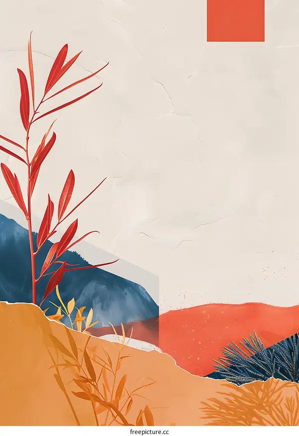 Abstract Art Collage With Red, Blue, And Yellow Plants On A White Background