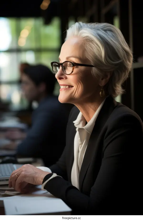 Confident senior businesswoman working on laptop in modern office