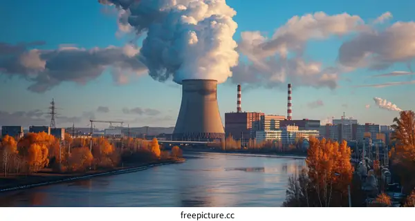 A nuclear power plant emits steam into the atmosphere near a river