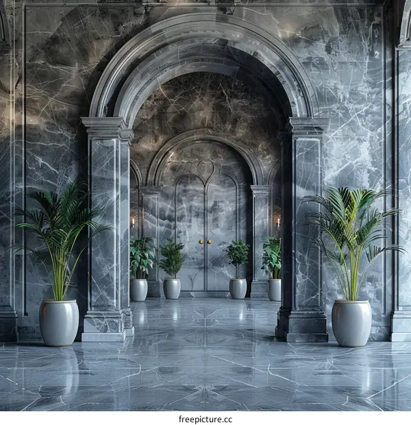 Grand Marble Hallway with Lush Plants