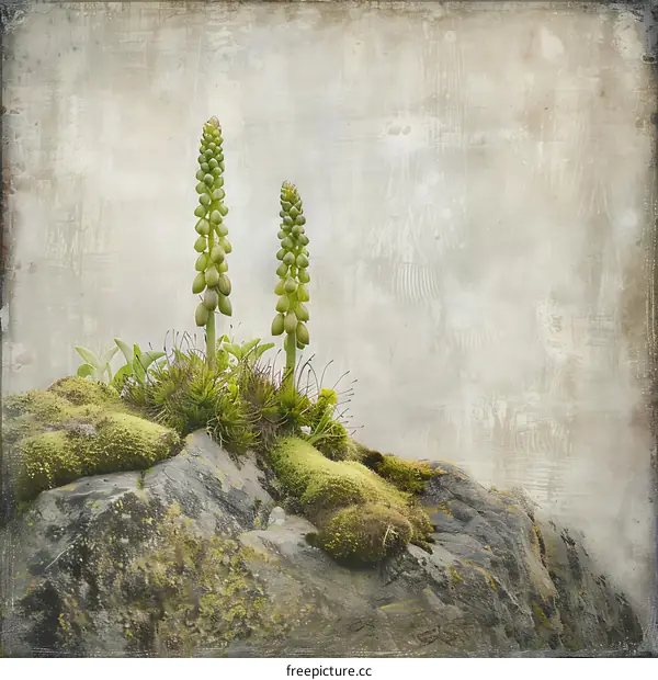 Two Green Plants on a Rock with Mossy Background