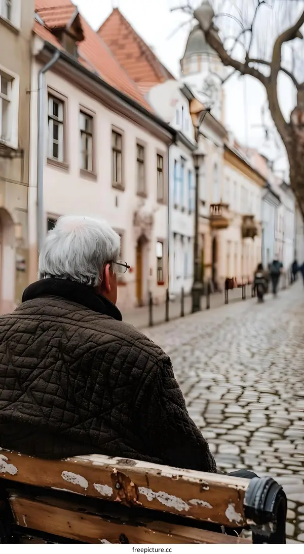 Old Man Sitting on a Bench in a European City