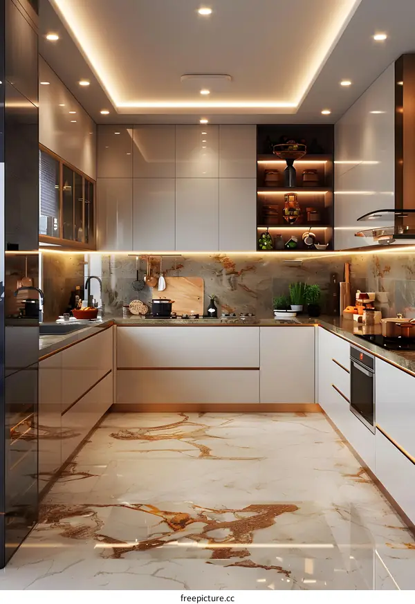 Modern kitchen design with white and gold accents