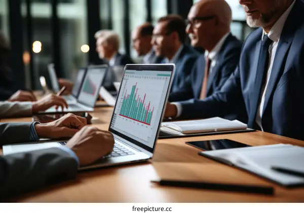 Business professionals in a meeting discussing financial data and graphs on laptop computers