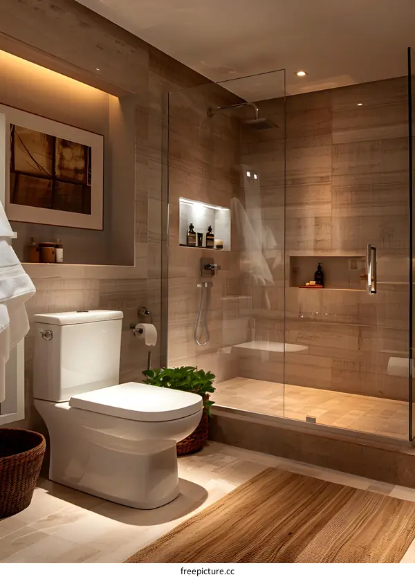 Ensuite bathroom with large shower and natural stone tiles