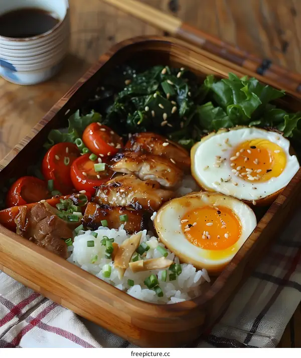 Japanese Lunch Box with Chicken, Egg, Rice, and Vegetables