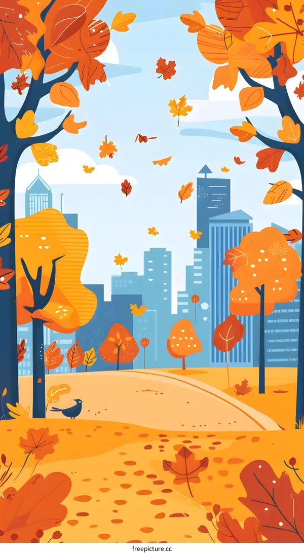 Autumn City Park with Falling Leaves