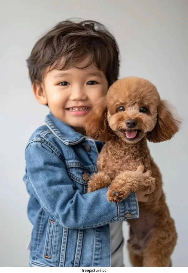 A smiling boy hugging a brown toy poodle
