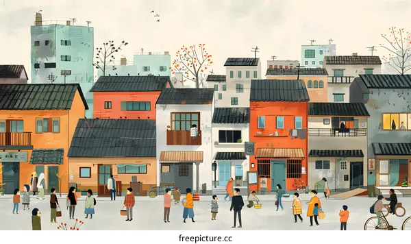 An illustration of a busy street with people walking around and shopping