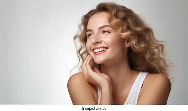 Portrait of a beautiful young woman with long blond hair and blue eyes smiling