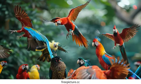 A flock of parrots in a lush green jungle