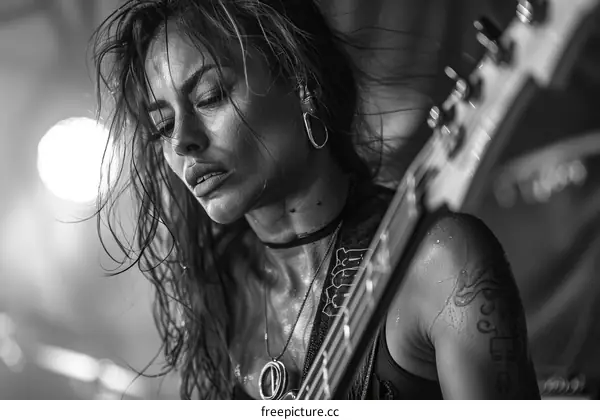 Black and white portrait of a female musician playing the bass guitar