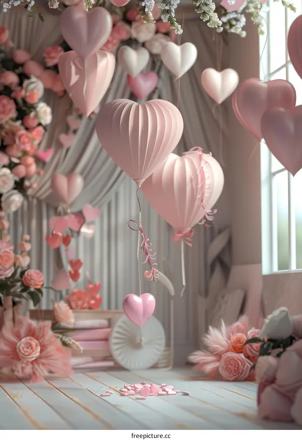 Pink and White Heart Balloons and Sweet Flowers