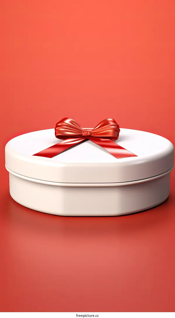3D rendering of a white round gift box with a red ribbon