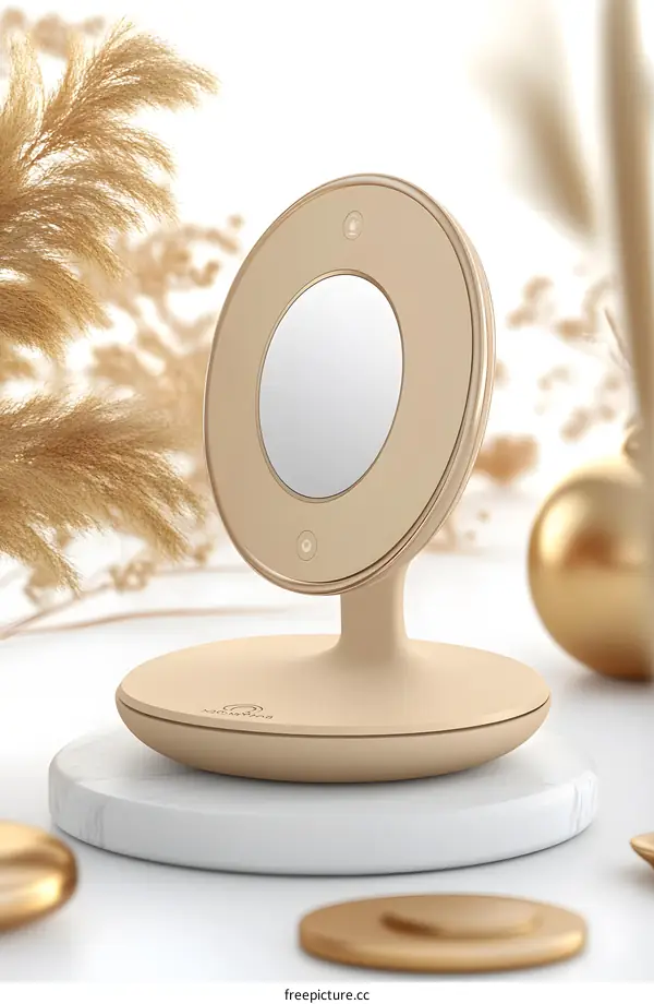 Golden Round Mirror with Base and Blurred Plant Background