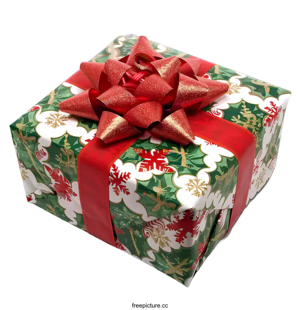 [Transparent Background PNG]Red and Green Wrapped Christmas Gift Box with a Bow
