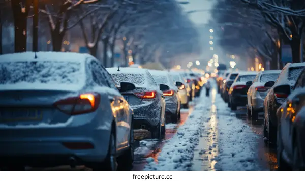 Snowy City Street with Parked Cars