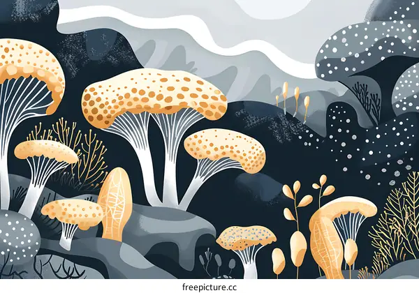 Abstract Illustration of Yellow Mushrooms in a Dark Forest