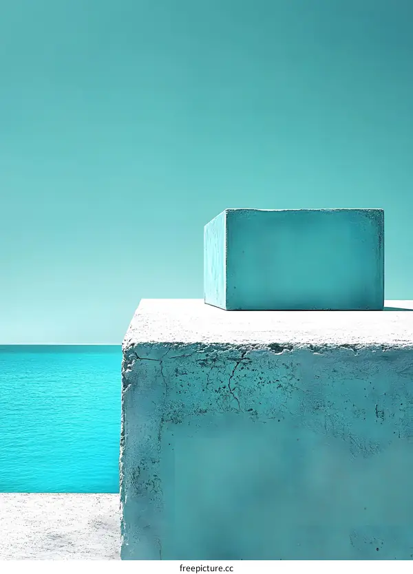 Abstract Minimalist Concrete Cube Against Blue Sea