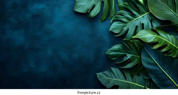 Tropical Leaves on a Dark Blue Background