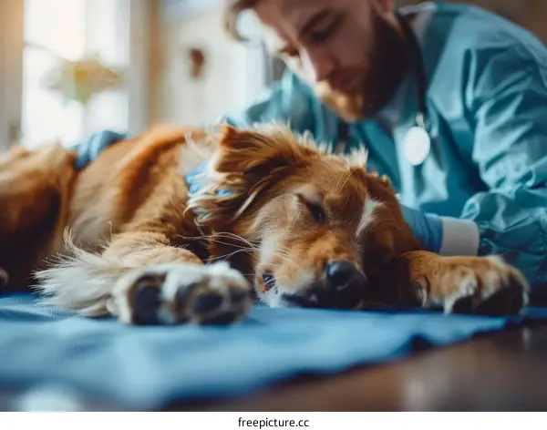 A veterinarian examines a golden retriever dog in a veterinary clinic