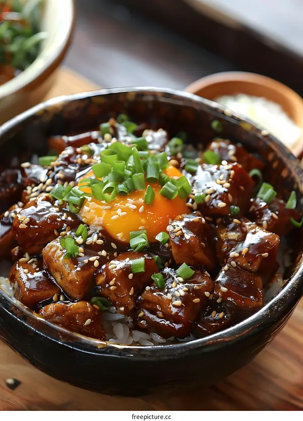 Close Up Of Japanese Style Beef Bowl With Egg
