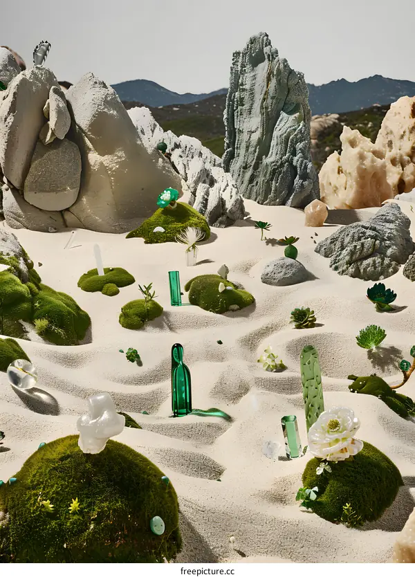 Abstract Nature Scene with Green Glass Sculptures