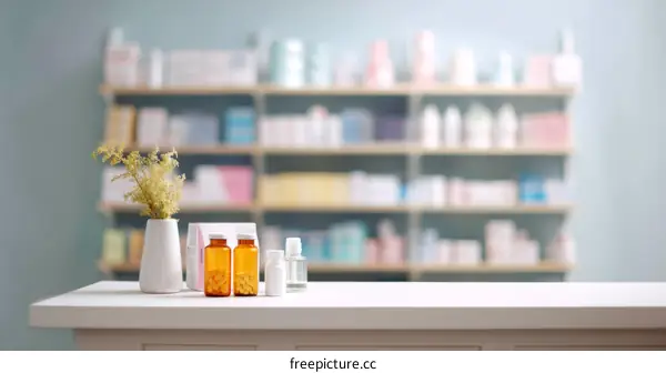 Pharmacy Counter Display with Medications and Plants