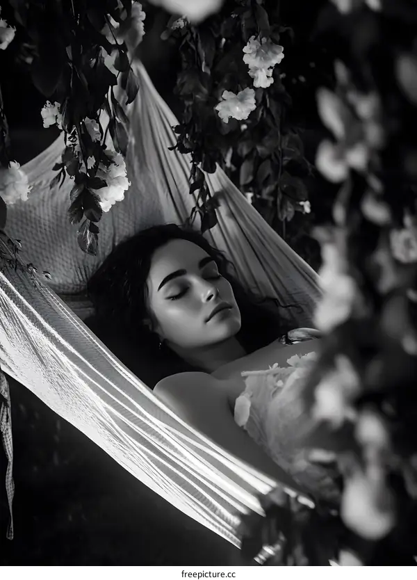 Woman Relaxing in Hammock with Flowers