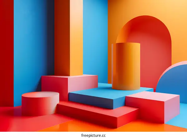 3D rendering of geometric shapes in bright colors