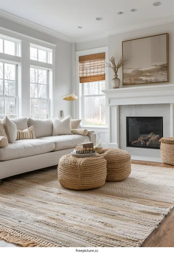 A cozy living room with a fireplace and a large rug