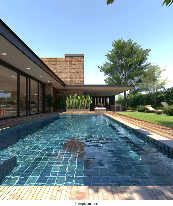 A modern house with a pool and a garden