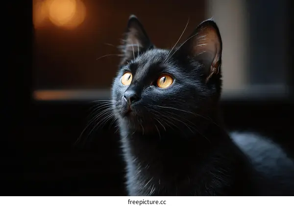 Close-up Black Cat Portrait in Dark Background