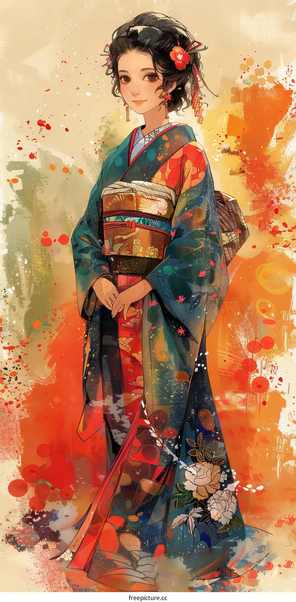 A woman wearing a kimono is standing in a field of彼岸花.