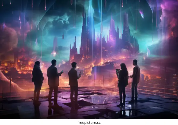 People on a rooftop overlooking a futuristic city