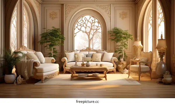 Elegant Living Room with Large Windows and Luxurious Sofa