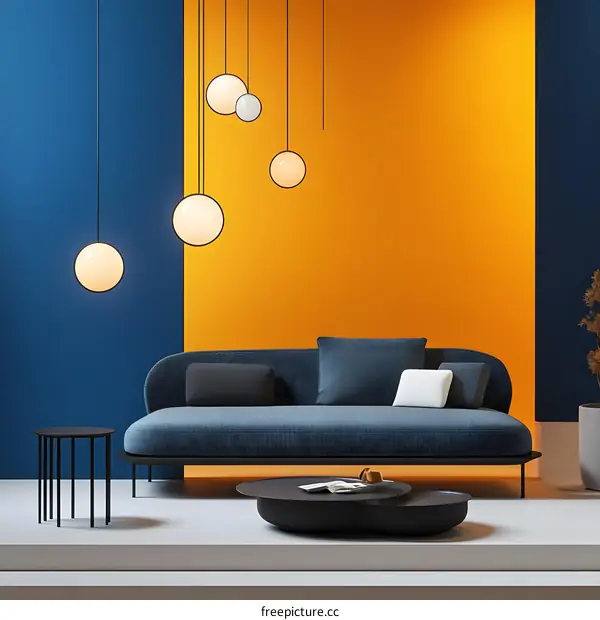 Blue and Orange Minimalist Living Room with Modern Sofa and Pendant Lamps