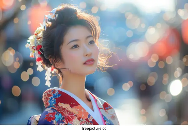 A beautiful Japanese woman wearing a kimono is looking away from the camera.
