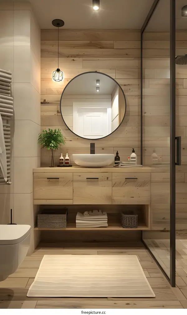 Bathroom With Wooden Elements and Large Mirror