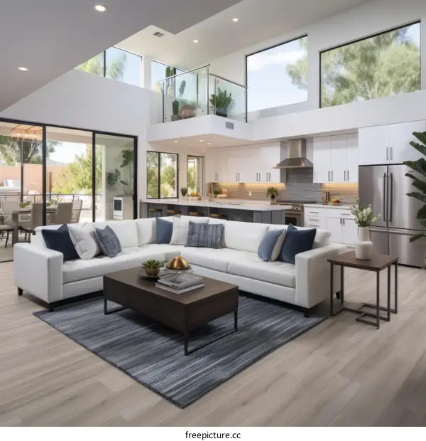 Modern Living Room With White Sofa and Blue Rug