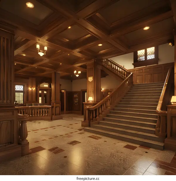 Grand Staircase In Wooden Interior