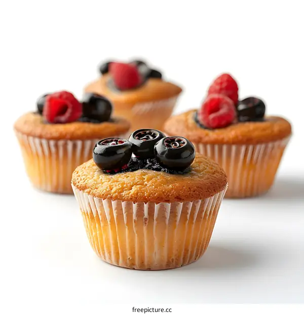 Close-up image of  raspberry and blueberry cupcakes against a white background