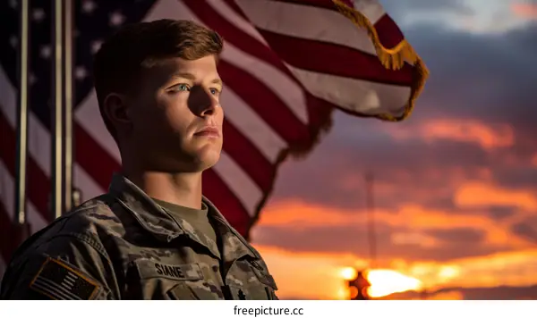 Portrait of a young male soldier standing in front of the American flag