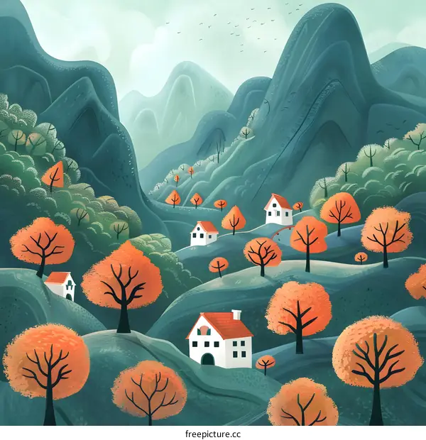 Mountain Village Illustration with Orange Trees