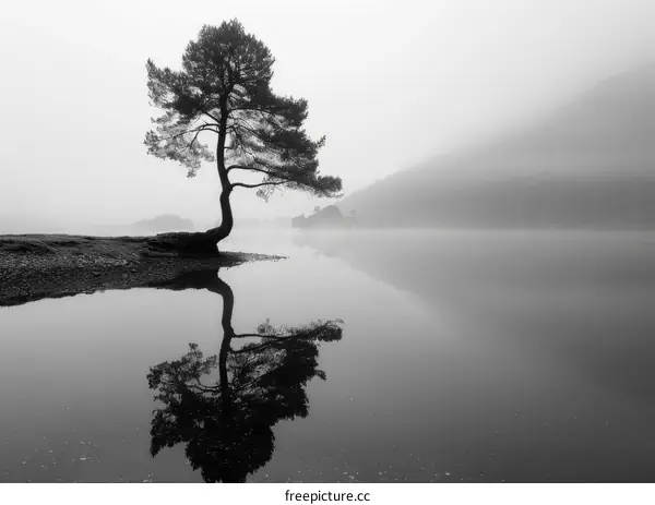 Solitude by the Lake: A Single Tree and Mountain