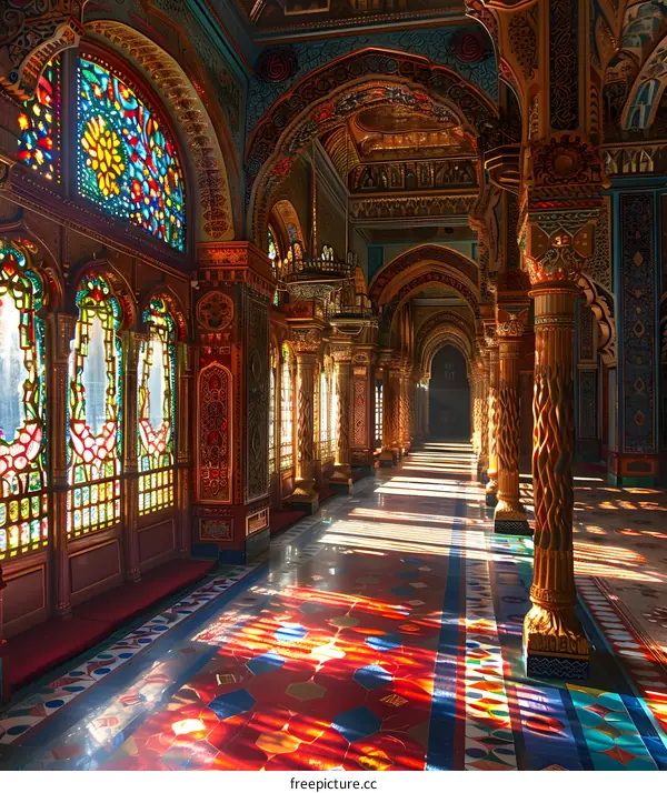 ornate colorful arched hallway with stained glass windows